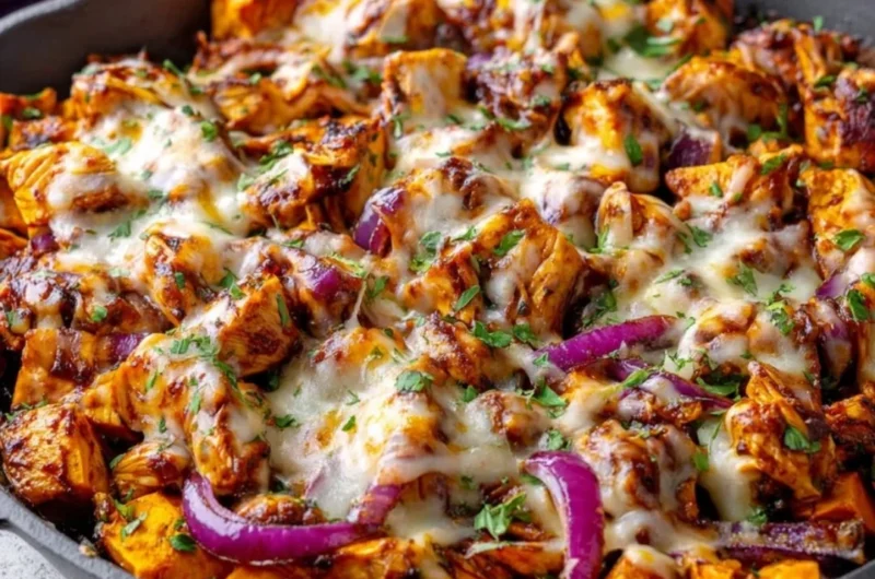 BBQ Chicken Sweet Potato Skillet served in a pan, showcasing vibrant ingredients.