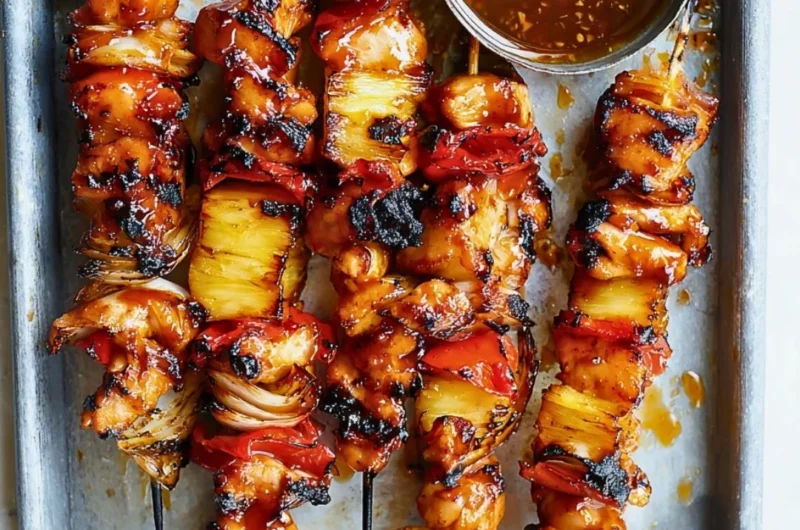 Delicious BBQ-Teriyaki Chicken Kabobs grilled to perfection.