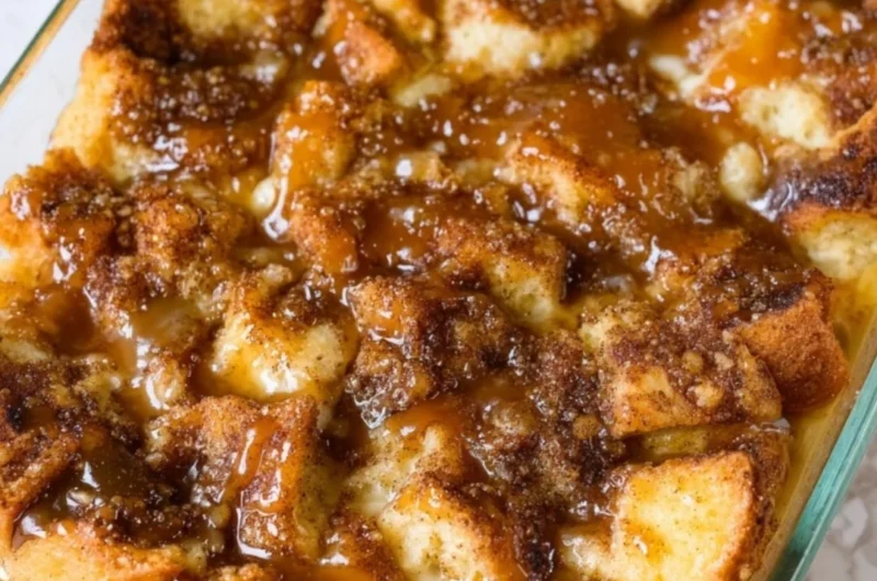 Delicious homemade bread pudding with caramel sauce and whipped cream
