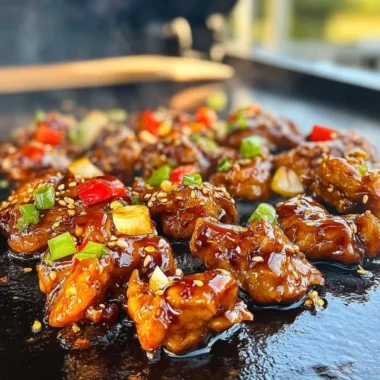 Delicious Blackstone Bourbon Chicken served on a grill plate