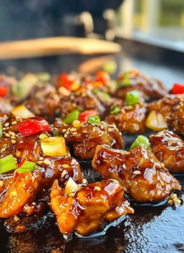 Delicious Blackstone Bourbon Chicken served on a grill plate