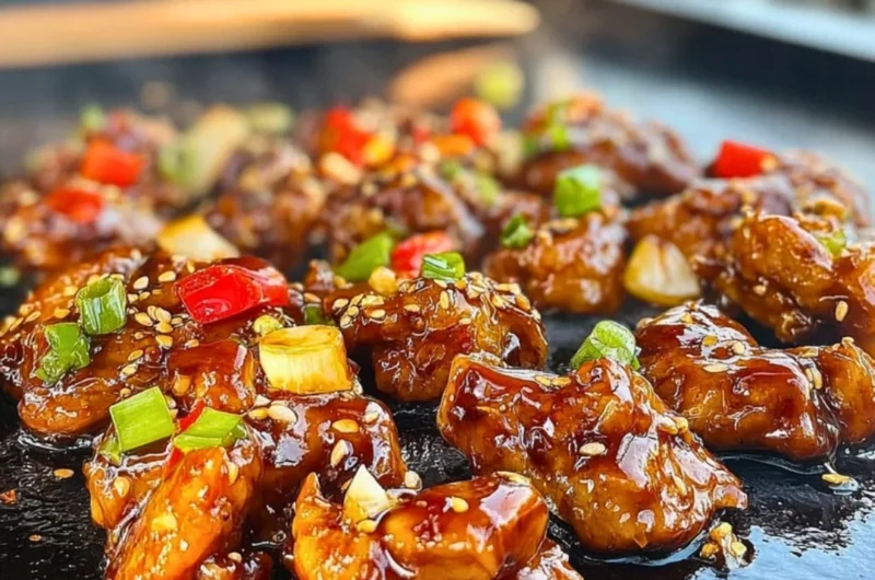 Delicious Blackstone Bourbon Chicken served on a grill plate