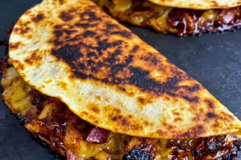 Deliciously grilled Blackstone Hot Honey BBQ Chicken Quesadillas filled with melted cheese