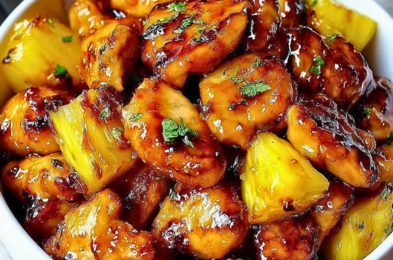 Blackstone Pineapple Chicken served on a plate with garnishes