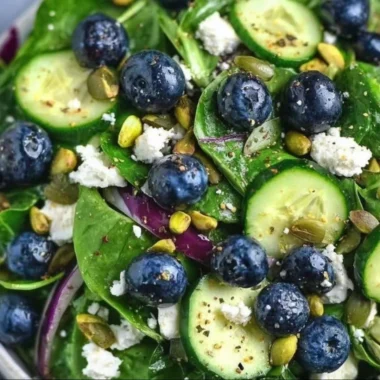 Blueberry pistachio spring salad with fresh greens and colorful toppings