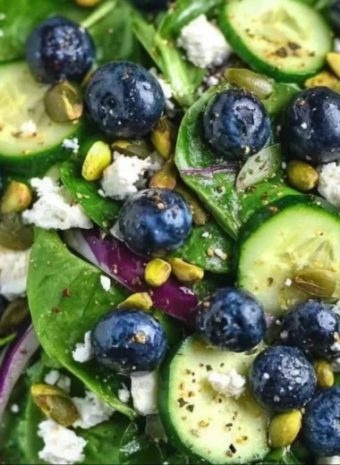 Blueberry pistachio spring salad with fresh greens and colorful toppings