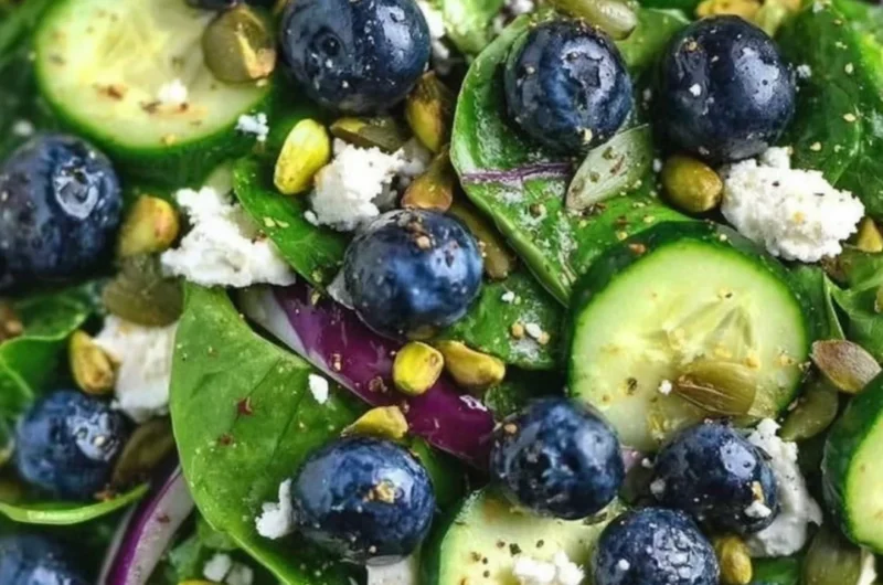 Blueberry pistachio spring salad with fresh greens and colorful toppings