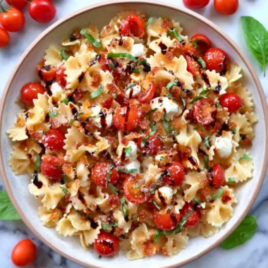 Fresh Bruschetta Pasta Salad with tomatoes, basil, and pasta.