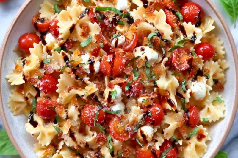 Fresh Bruschetta Pasta Salad with tomatoes, basil, and pasta.