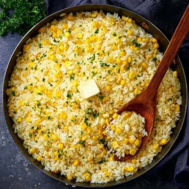 Plate of buttered corn rice with fresh herbs and golden corn kernels