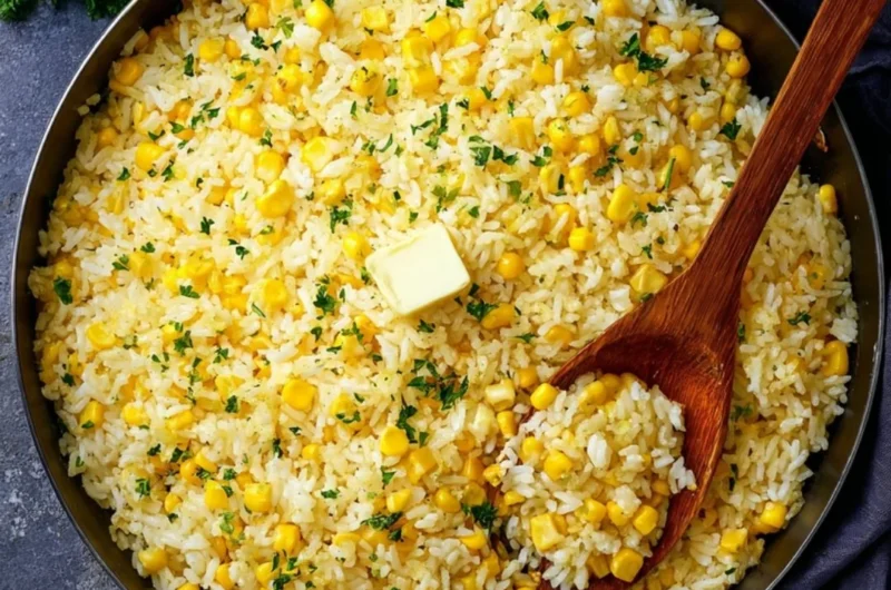 Plate of buttered corn rice with fresh herbs and golden corn kernels