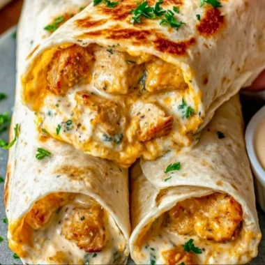Cheesy garlic chicken wraps served on a plate with fresh vegetables