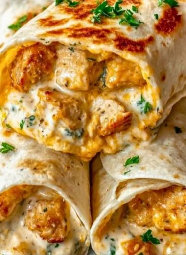 Cheesy garlic chicken wraps served on a plate with fresh vegetables