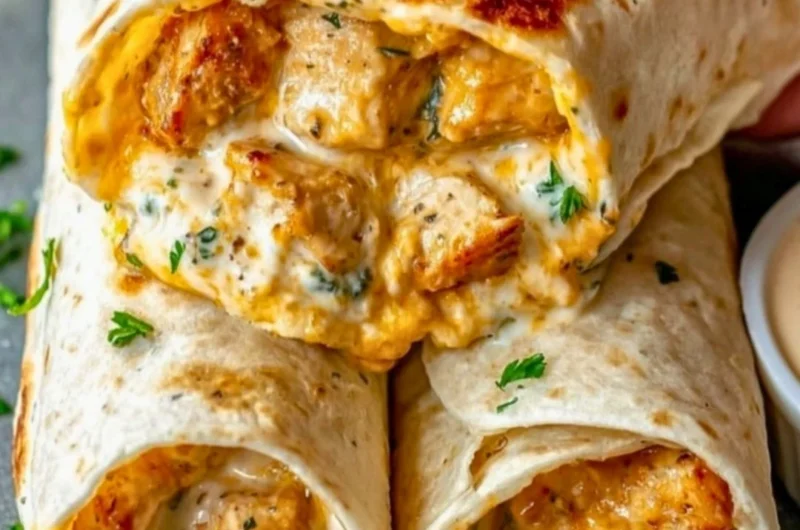 Cheesy garlic chicken wraps served on a plate with fresh vegetables