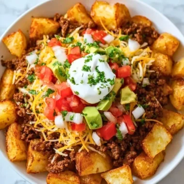 Cheesy taco potatoes topped with cheese and spices, served in a bowl.