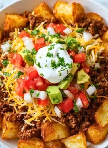 Cheesy taco potatoes topped with cheese and spices, served in a bowl.