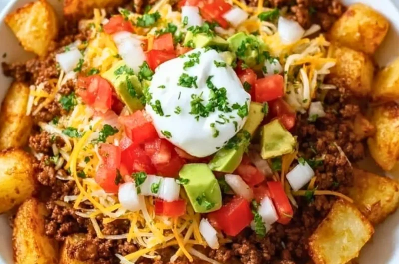 Cheesy taco potatoes topped with cheese and spices, served in a bowl.