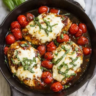 Chicken Caprese Skillet with tomatoes and mozzarella cheese