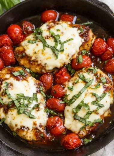 Chicken Caprese Skillet with tomatoes and mozzarella cheese