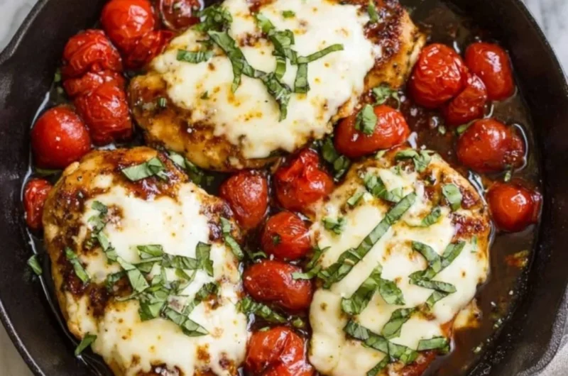 Chicken Caprese Skillet with tomatoes and mozzarella cheese