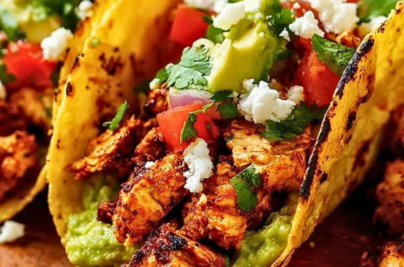 Delicious Chicken Street Tacos served with fresh toppings and lime garnish