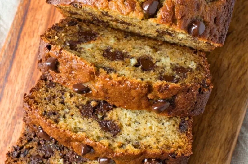 Delicious homemade chocolate chip banana bread on a wooden cutting board