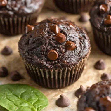 Delicious Chocolate Spinach Muffins topped with chocolate chips on a wooden table