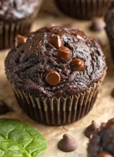 Delicious Chocolate Spinach Muffins topped with chocolate chips on a wooden table