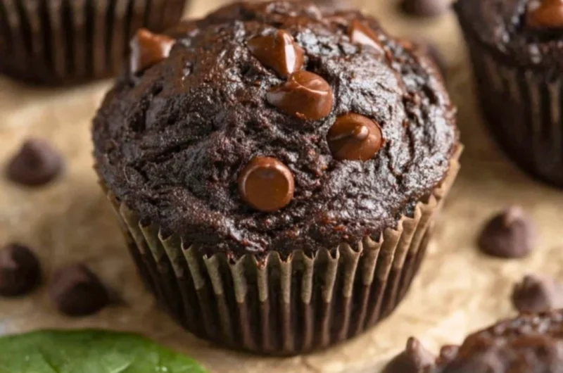Delicious Chocolate Spinach Muffins topped with chocolate chips on a wooden table