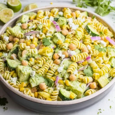 Fresh and vibrant cilantro lime pasta salad with vegetables and dressing