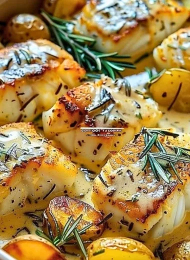 Delicious Cod & Potatoes in Rosemary Cream Sauce served on a plate