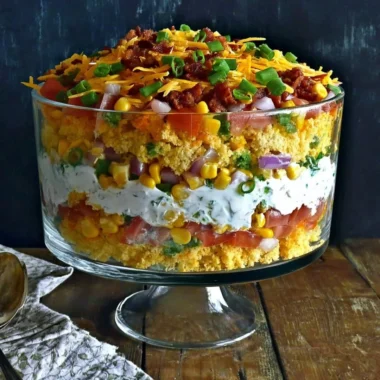 Colorful cornbread salad with vegetables and dressing served in a bowl.