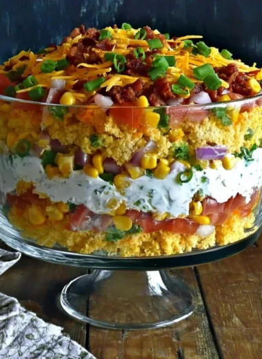 Colorful cornbread salad with vegetables and dressing served in a bowl.