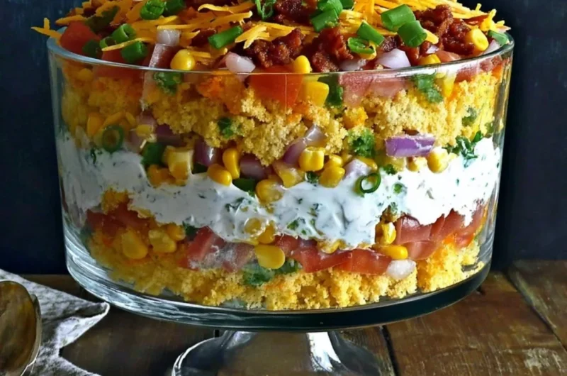 Colorful cornbread salad with vegetables and dressing served in a bowl.