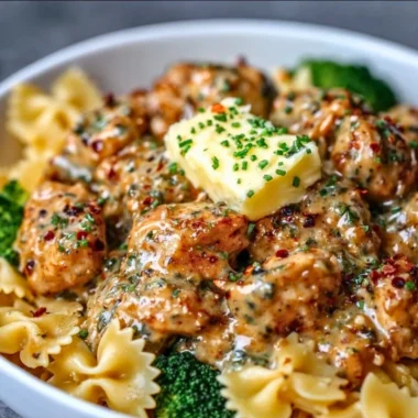 Cowboy Butter Lemon Bowtie Chicken served with broccoli in a delicious meal.