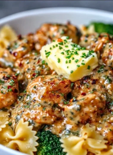 Cowboy Butter Lemon Bowtie Chicken served with broccoli in a delicious meal.
