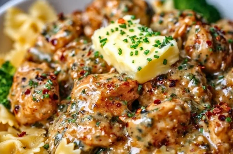 Cowboy Butter Lemon Bowtie Chicken served with broccoli in a delicious meal.