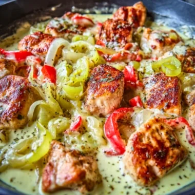 Creamy banana pepper chicken skillet with vibrant peppers and creamy sauce