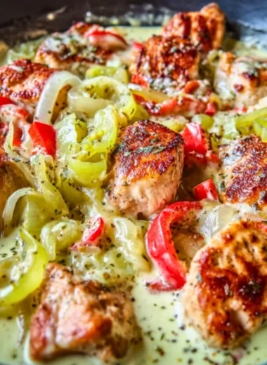 Creamy banana pepper chicken skillet with vibrant peppers and creamy sauce