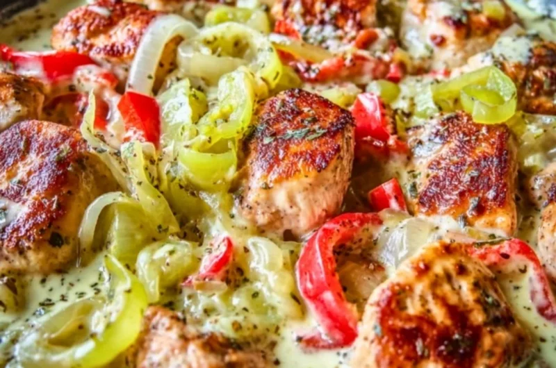 Creamy banana pepper chicken skillet with vibrant peppers and creamy sauce
