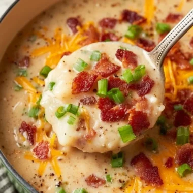 Bowl of creamy cheesy potato soup garnished with herbs