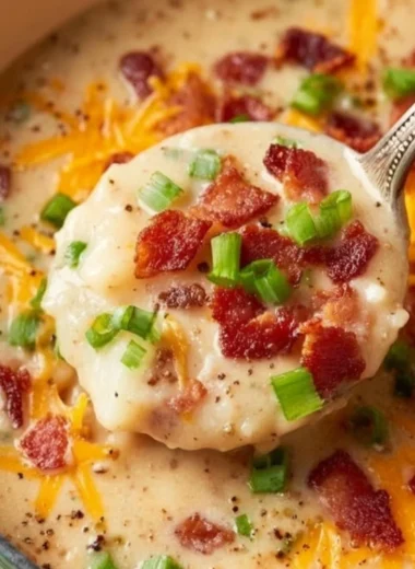 Bowl of creamy cheesy potato soup garnished with herbs