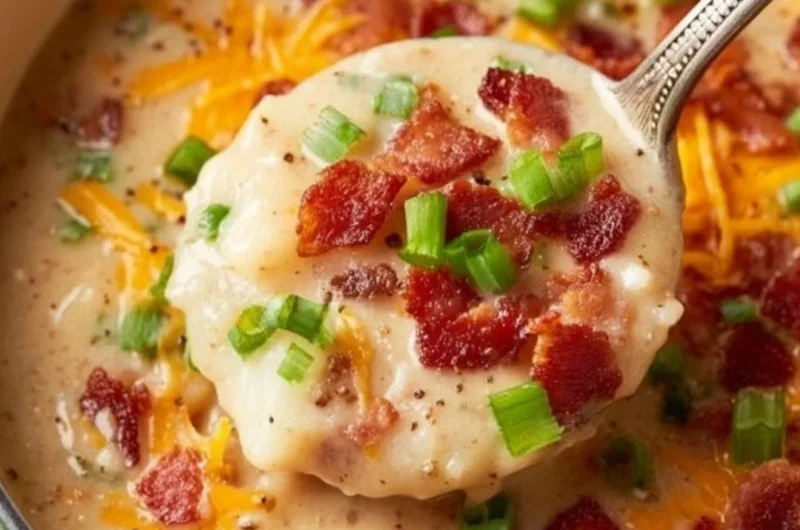 Bowl of creamy cheesy potato soup garnished with herbs