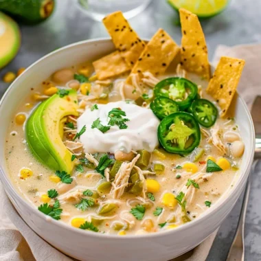 Bowl of creamy Crockpot white chicken chili topped with cilantro and cheese
