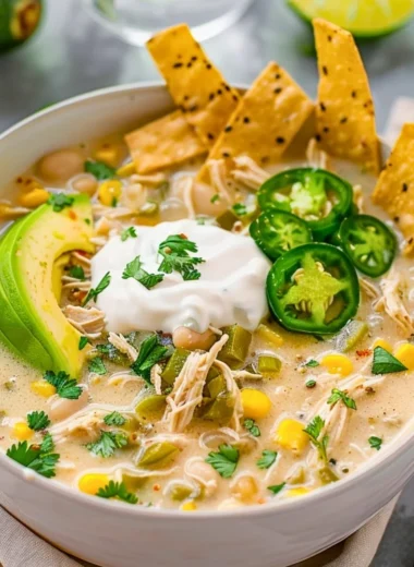 Bowl of creamy Crockpot white chicken chili topped with cilantro and cheese
