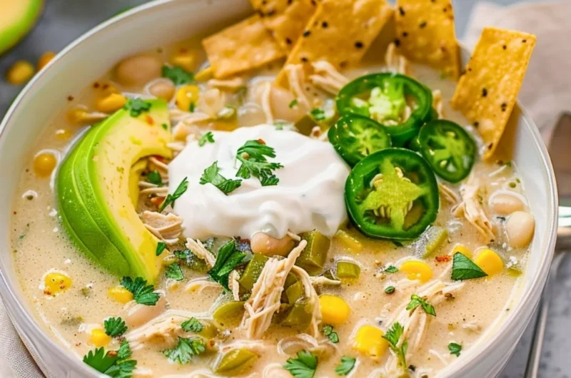 Bowl of creamy Crockpot white chicken chili topped with cilantro and cheese