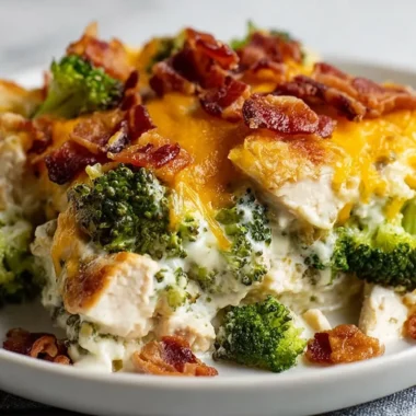 Creamy low carb chicken casserole with broccoli and bacon in a baking dish