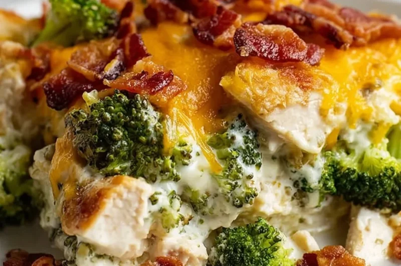 Creamy low carb chicken casserole with broccoli and bacon in a baking dish