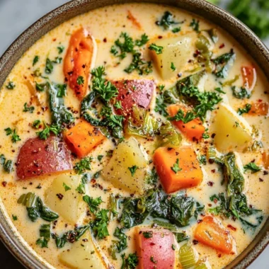 Bowl of creamy spring vegetable soup with fresh veggies and herbs