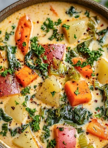 Bowl of creamy spring vegetable soup with fresh veggies and herbs